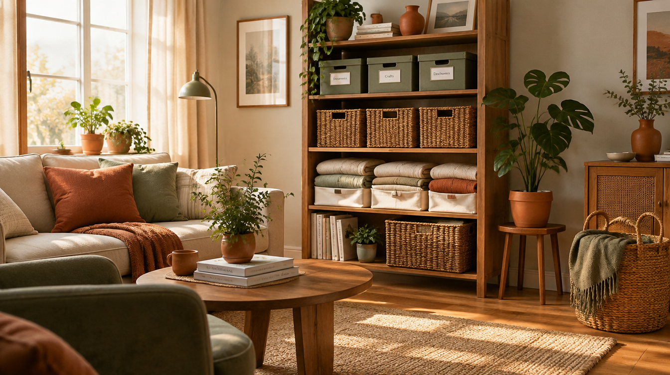 a warm, organised living room